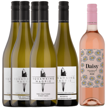 A collection of six premium wines from Squawking Magpie's Summer Selector Box, featuring Reserve Sauvignon Blanc, Chatterer Chardonnay, Chatterer Pinot Gris, and Daisy Rosé, perfect for enjoying during summer days and warm evenings.